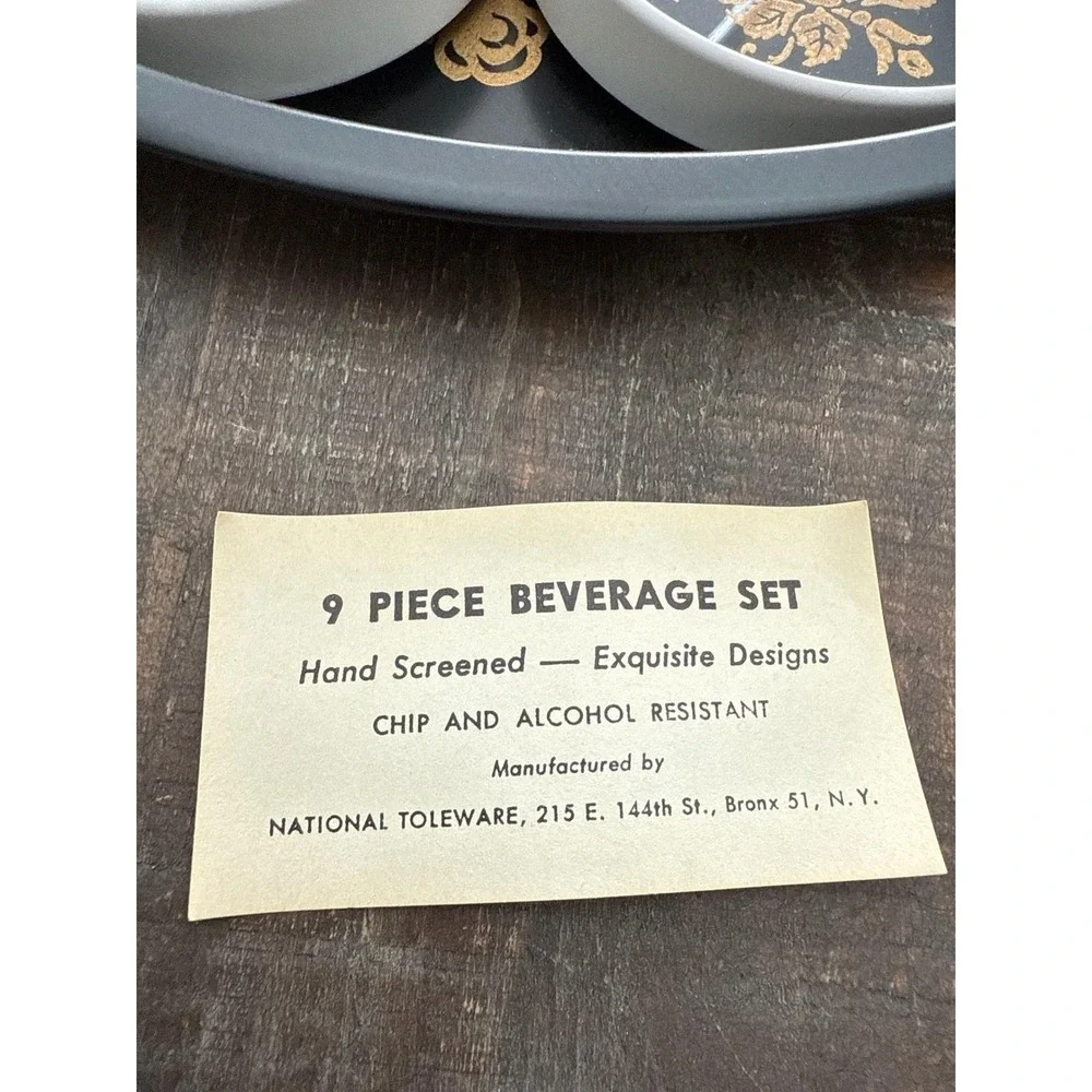 Vintage Toleware 9 Piece MCM Beverage Set Tray & Coasters Black and Gold Rose US